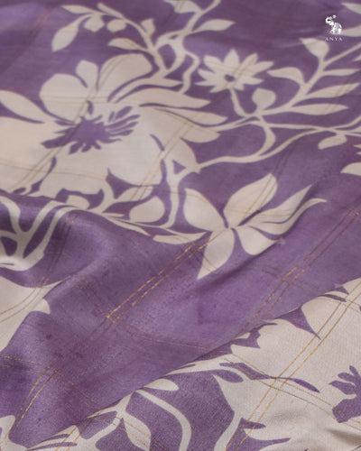 Lilac Printed Kanchi Silk Saree with Floral Print Zari Kattam Design