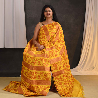 Mustard Printed Kanchi Silk Saree