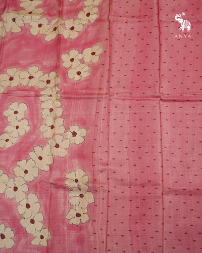 Onion Pink Tussar Silk Saree with Floral Design