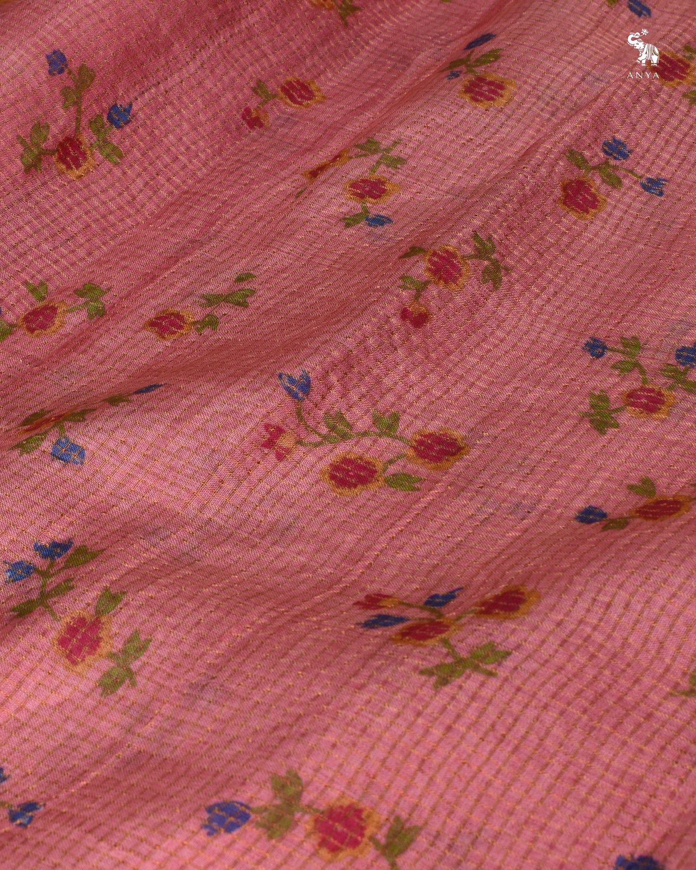 Baby Pink Tusar Silk Fabric with Floral Print and Zari Checks Design