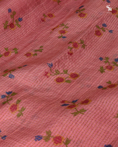 Baby Pink Tusar Silk Fabric with Floral Print and Zari Checks Design
