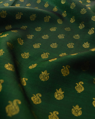 Bottle Green Kanchi Silk Saree with Mustard Pen Kalamkari Blouse