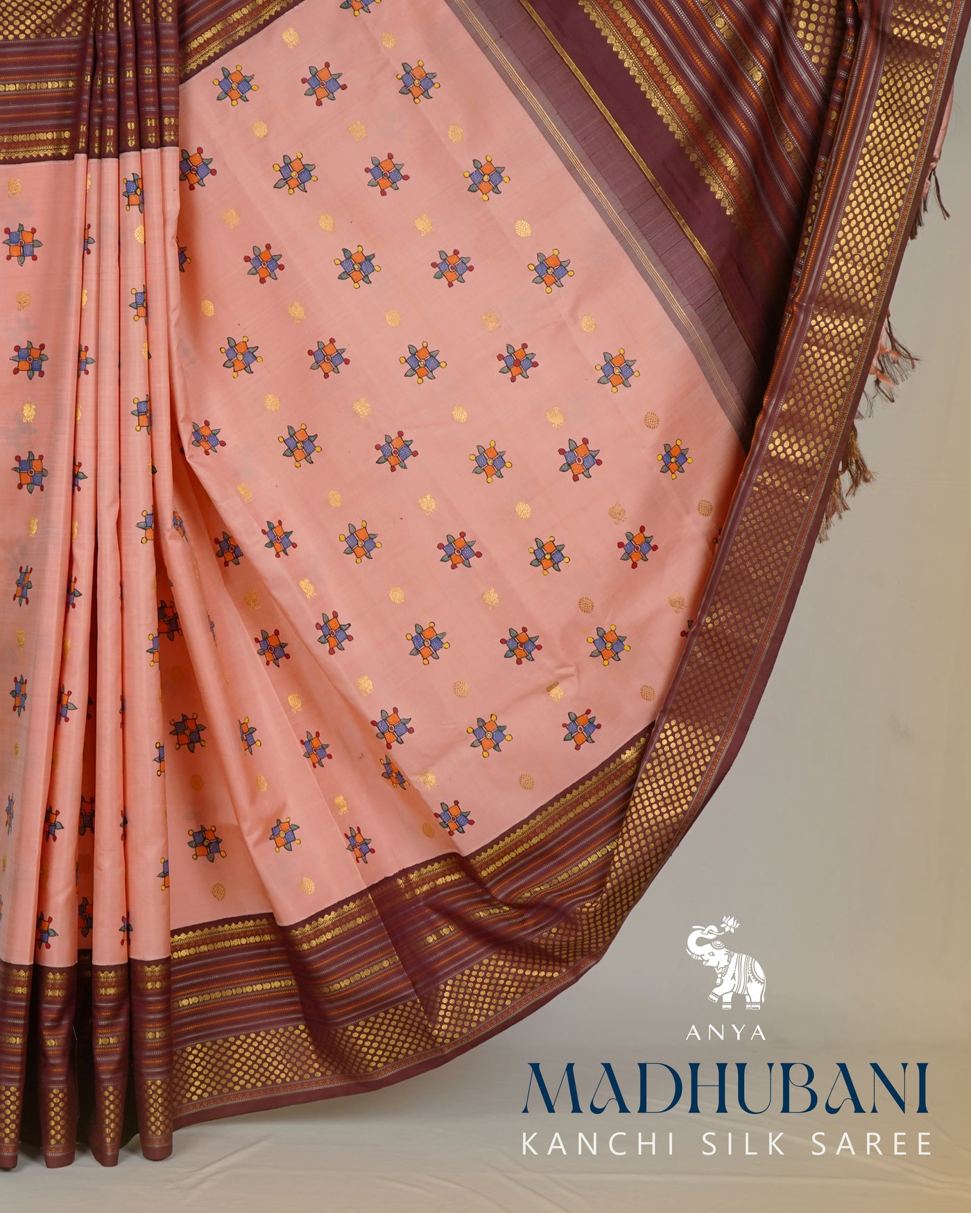 Peach Madhubani Kanchi Silk Saree with Brown Getti Self Pallu and Blouse