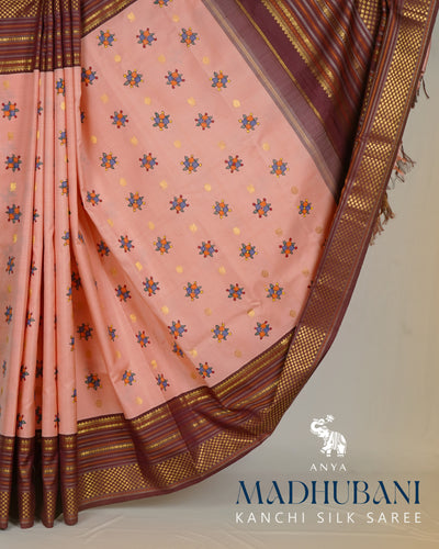 Peach Madhubani Kanchi Silk Saree with Brown Getti Self Pallu and Blouse