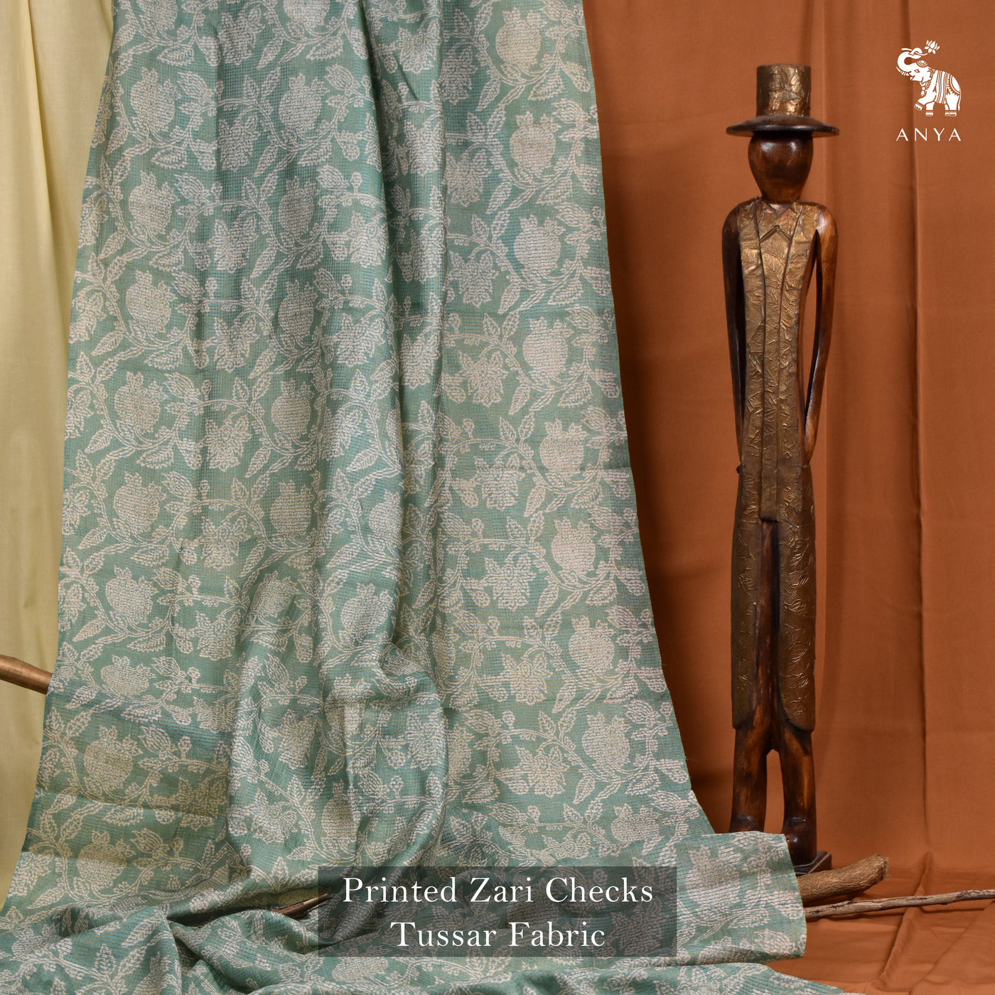 Mint Green Tussar Silk Fabric with Floral Print Zari Checks Design