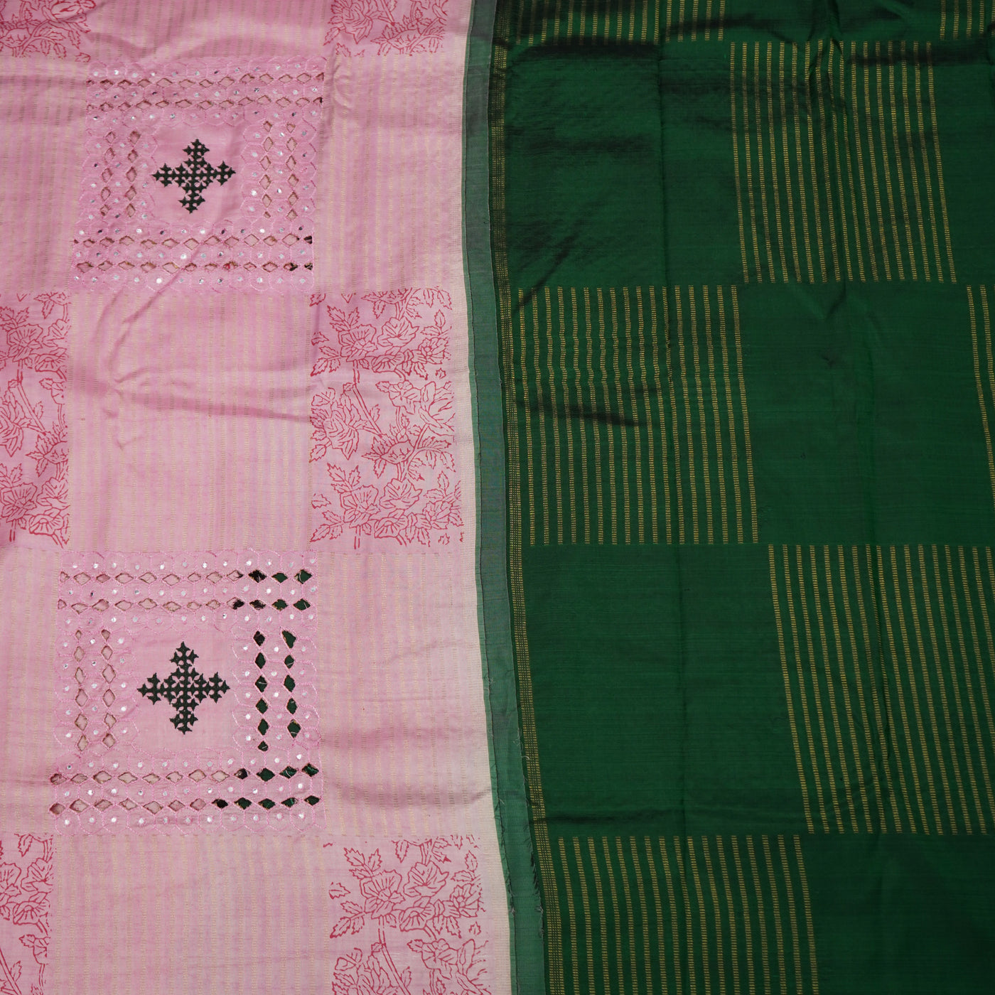 Baby Pink Printed Kanchi Silk Saree with Box Cut and Kutch Work Design