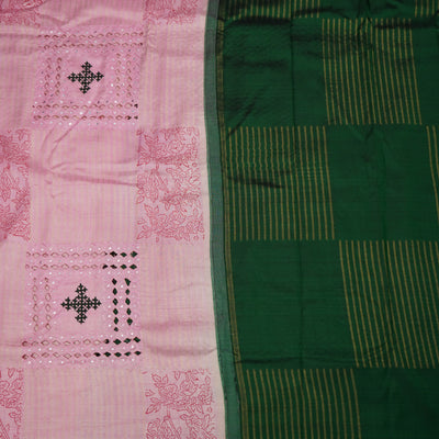 Baby Pink Printed Kanchi Silk Saree with Box Cut and Kutch Work Design
