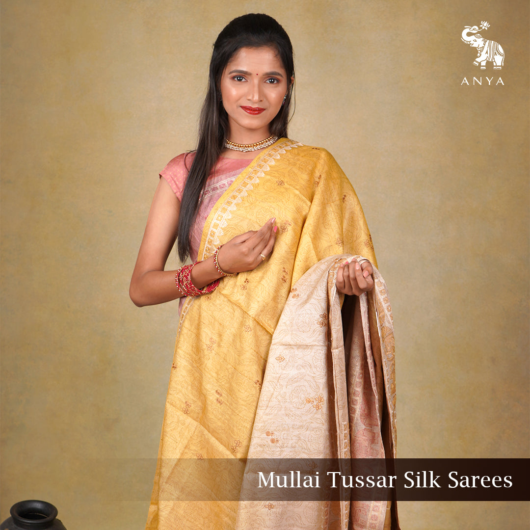 Light Yellow Tussar Silk Saree with Floral Embroidery Design