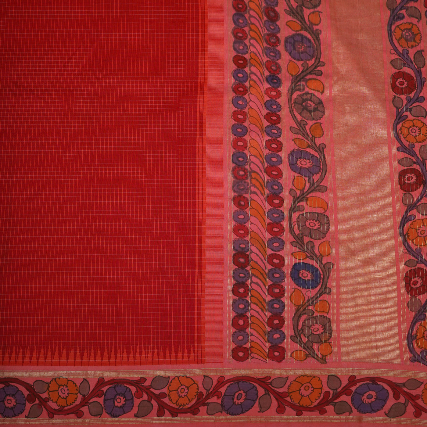 Arakku Thakkali Pen Kalamkari Kanchi Silk Saree