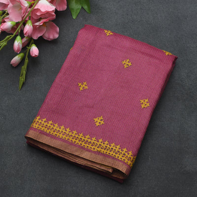Magenta Pink Tussar Silk Saree with Kutch Work Design
