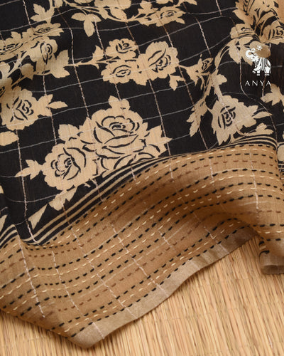 Black Chanderi Saree with Floral Print and Zari Checks Design