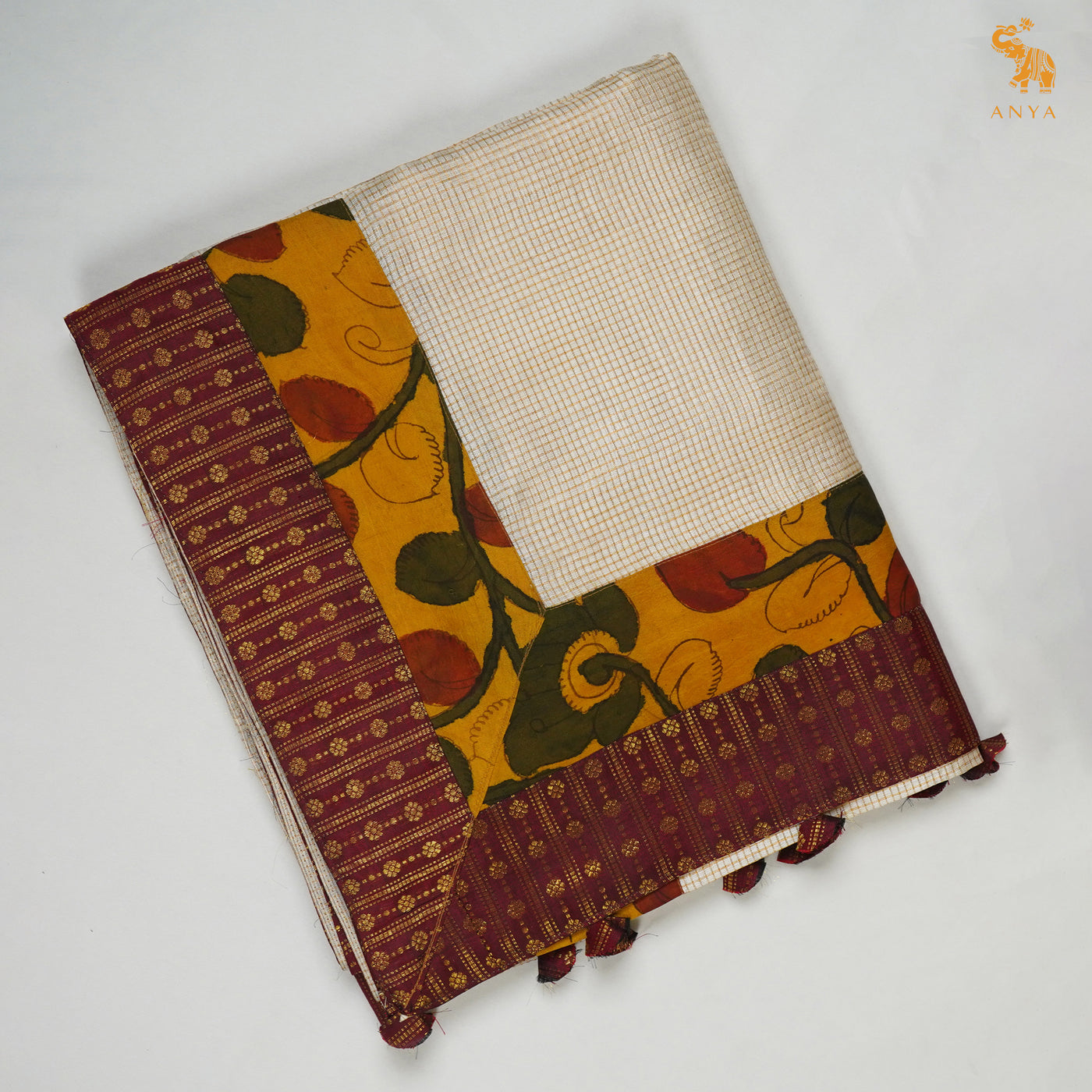 Off White Zari Checks Tussar Silk Saree with Maroon Kanchi Border