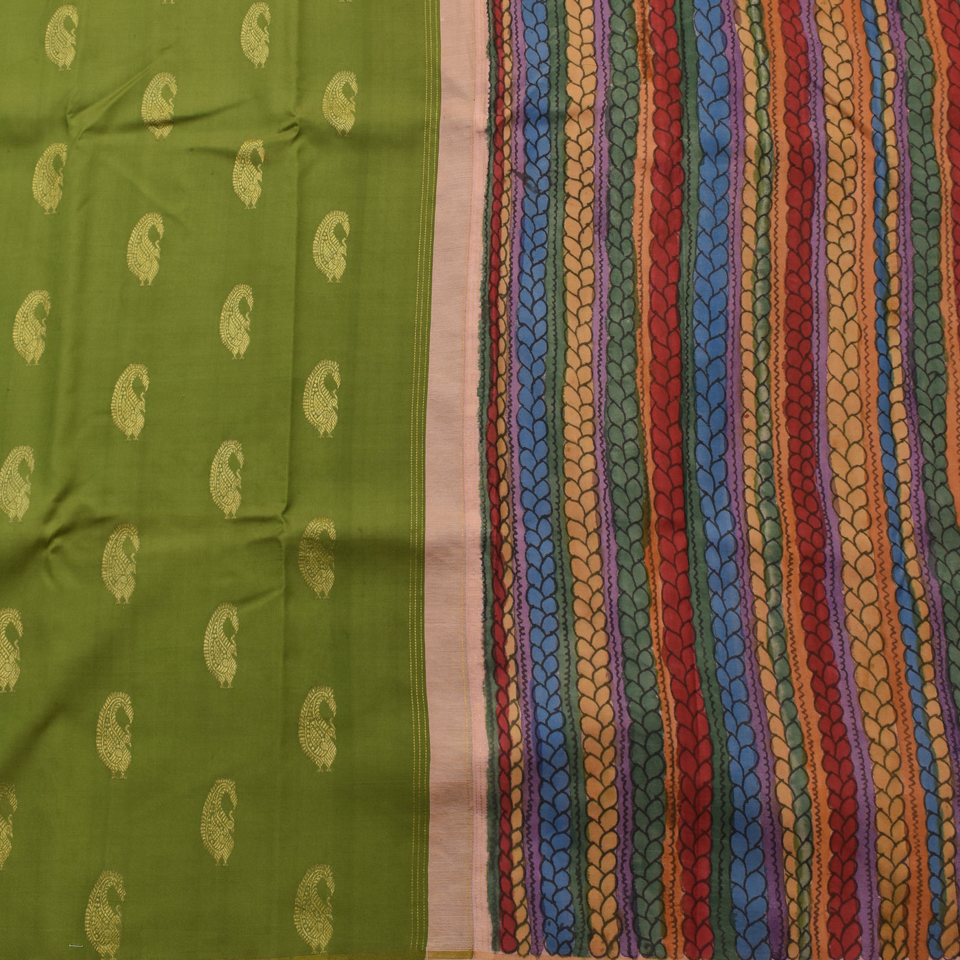 Mehandi Green Pen Kalamkari Kanchi Silk Saree