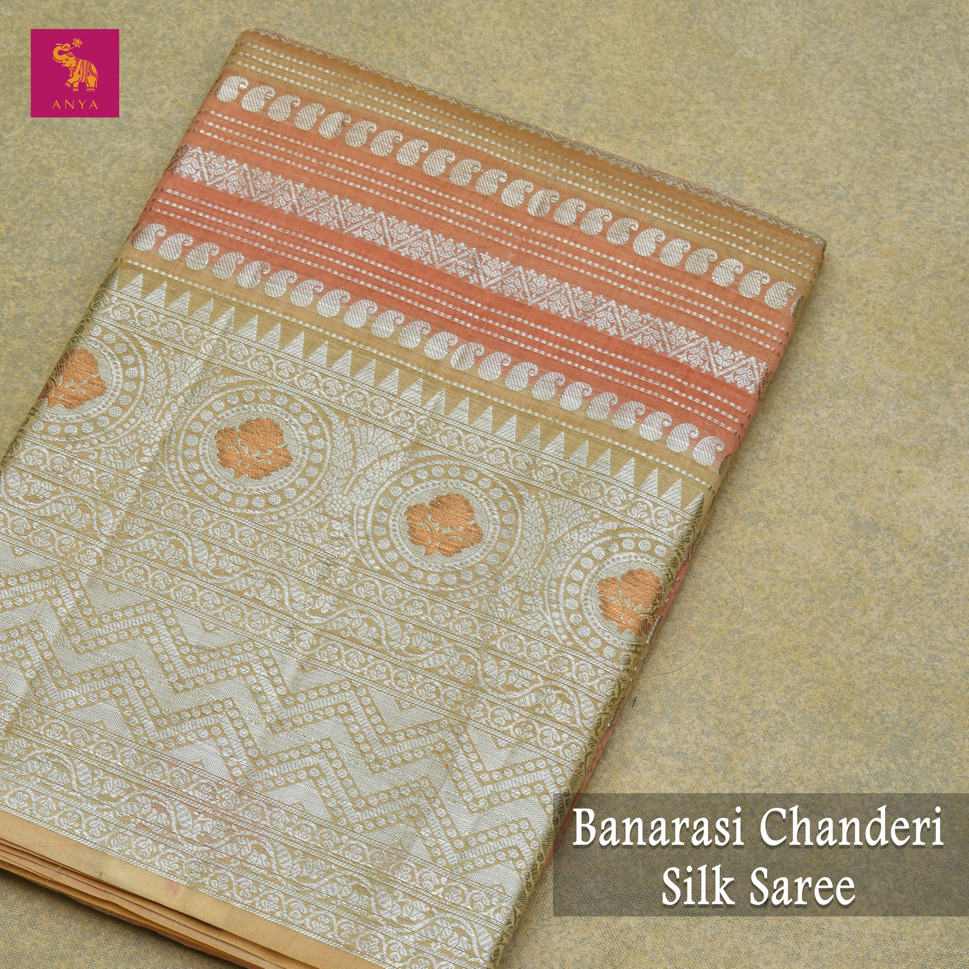 Peach Banaras Chanderi Silk Saree with Horizontal Stripes Design