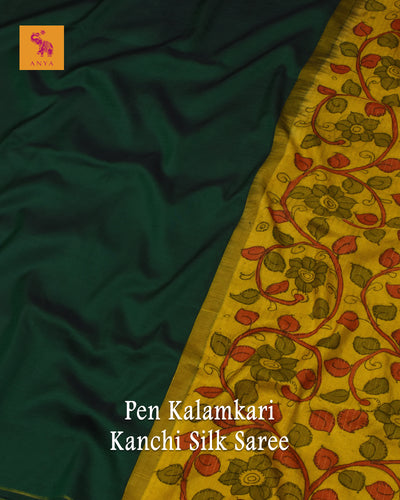 Bottle Green Pen Kalamkari Kanchi Silk Saree