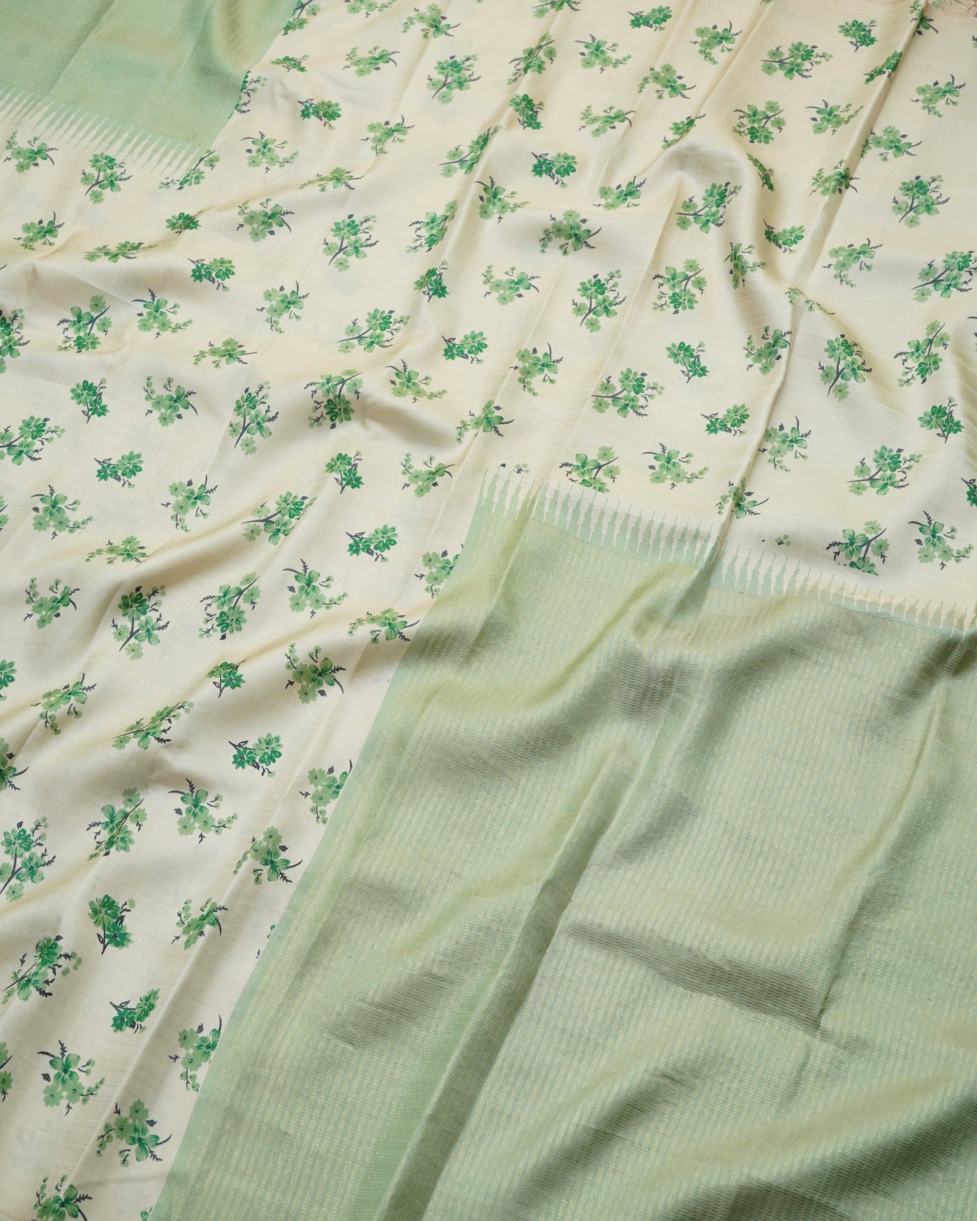 Off White with Green Printed Kanchi Silk Saree with Small Floral Print Design