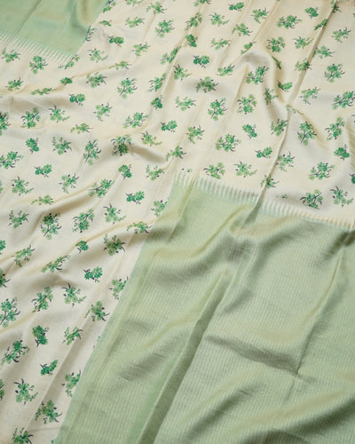 Off White with Green Printed Kanchi Silk Saree with Small Floral Print Design