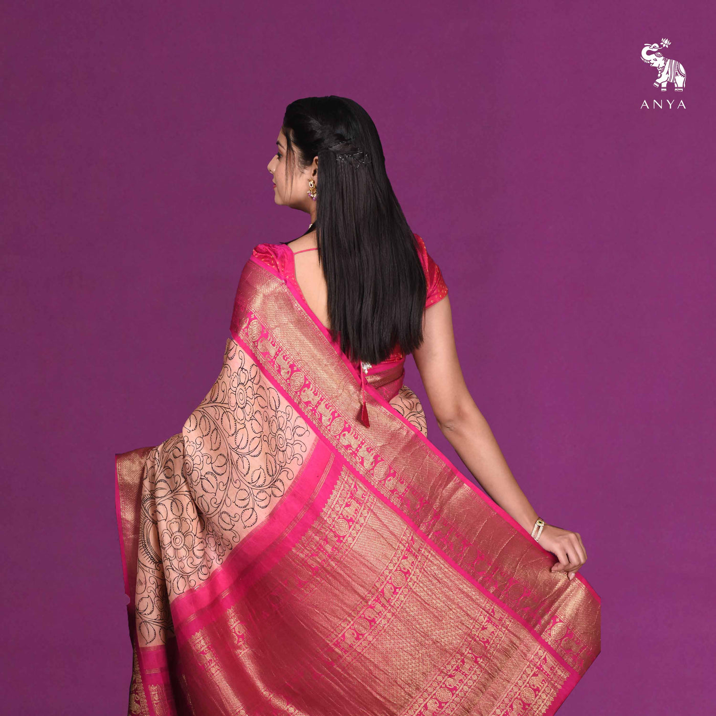 Peach Pen Kalamkari Kanchi Silk Saree with Floral Creeper and Dancing Doll Design