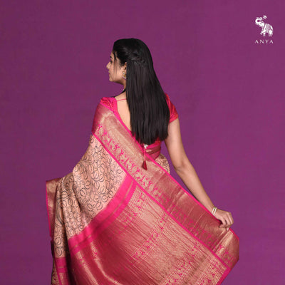 Peach Pen Kalamkari Kanchi Silk Saree with Floral Creeper and Dancing Doll Design