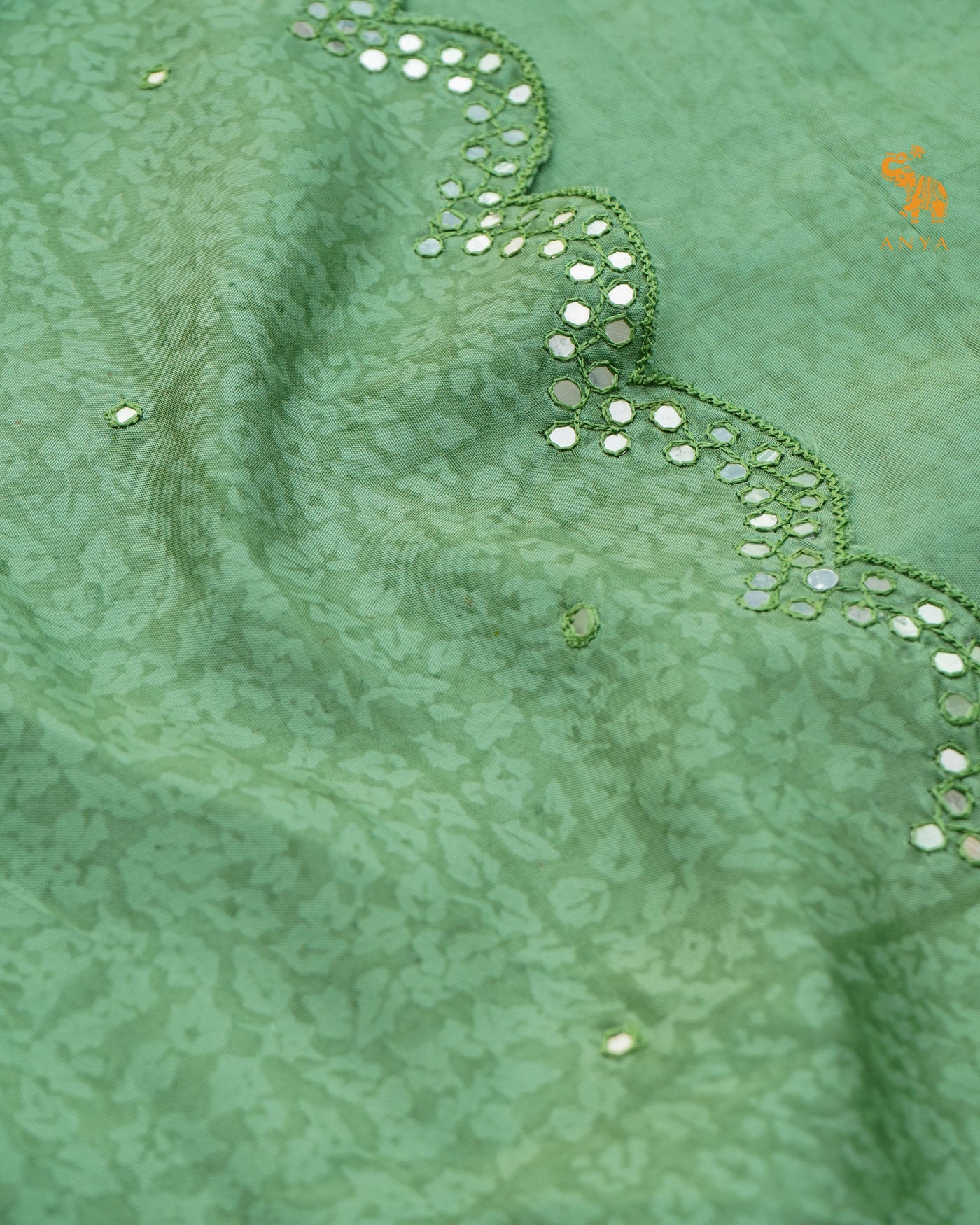 Green Printed Kanchi Silk Saree with Scallop Mirror Embroidery Design