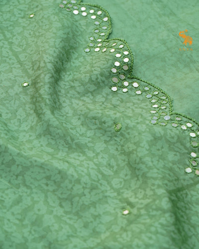 Green Printed Kanchi Silk Saree with Scallop Mirror Embroidery Design