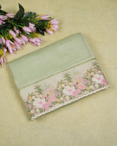 Apple Green Crush Tissue Saree with Floral Embroidery Border