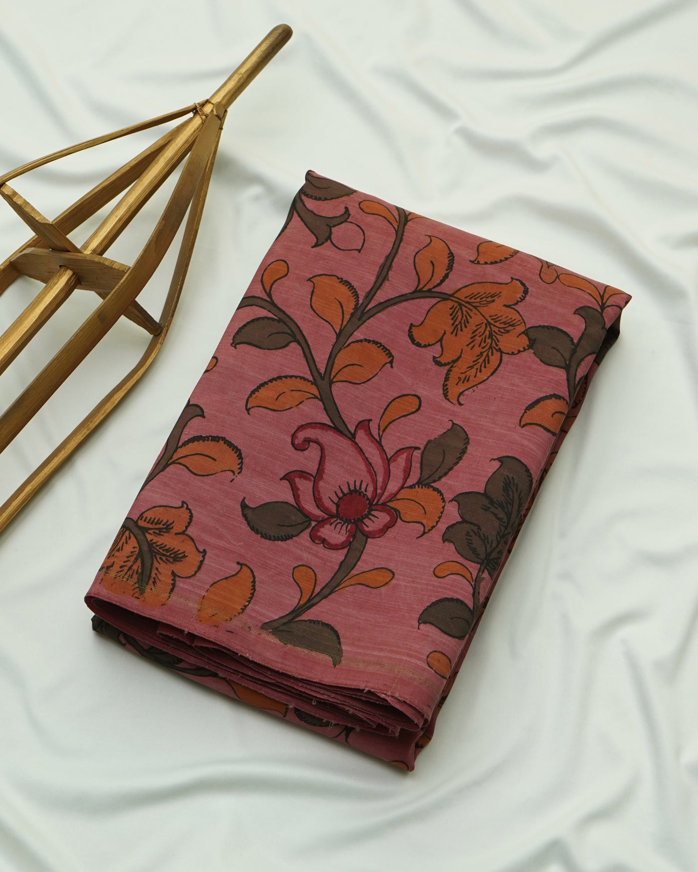 Onion Pink Pen Kalamkari Kanchi Silk Fabric with Floral Design