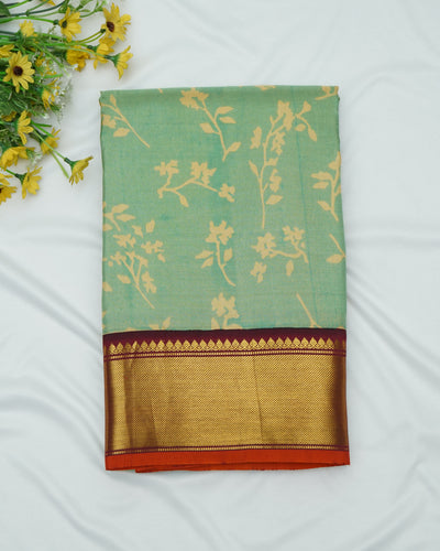 Light Green Printed Kanchi Silk Saree with Floral Design