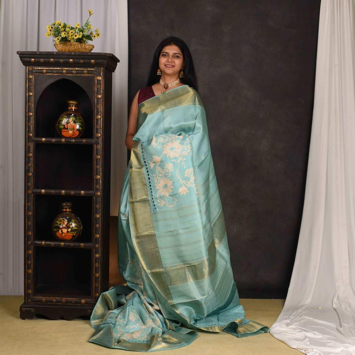 Blue Floral Printed Kanchi Silk Saree with Cut Work Design