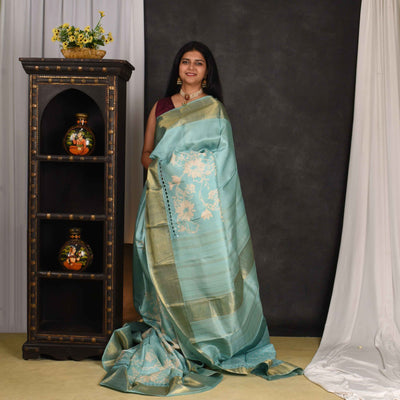 Blue Floral Printed Kanchi Silk Saree with Cut Work Design