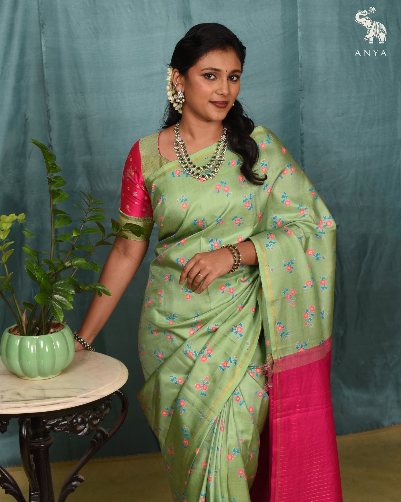 Apple Green Printed Kanchi Silk Saree with Floral Print Design