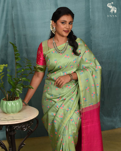 Apple Green Printed Kanchi Silk Saree with Floral Print Design