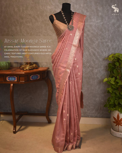 Onion Pink Tussar Moonga Saree with Zari Butta Design