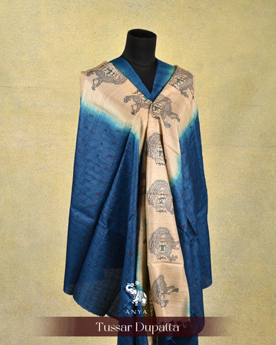 Blue Tussar Silk Dupatta with Kantha Work Design