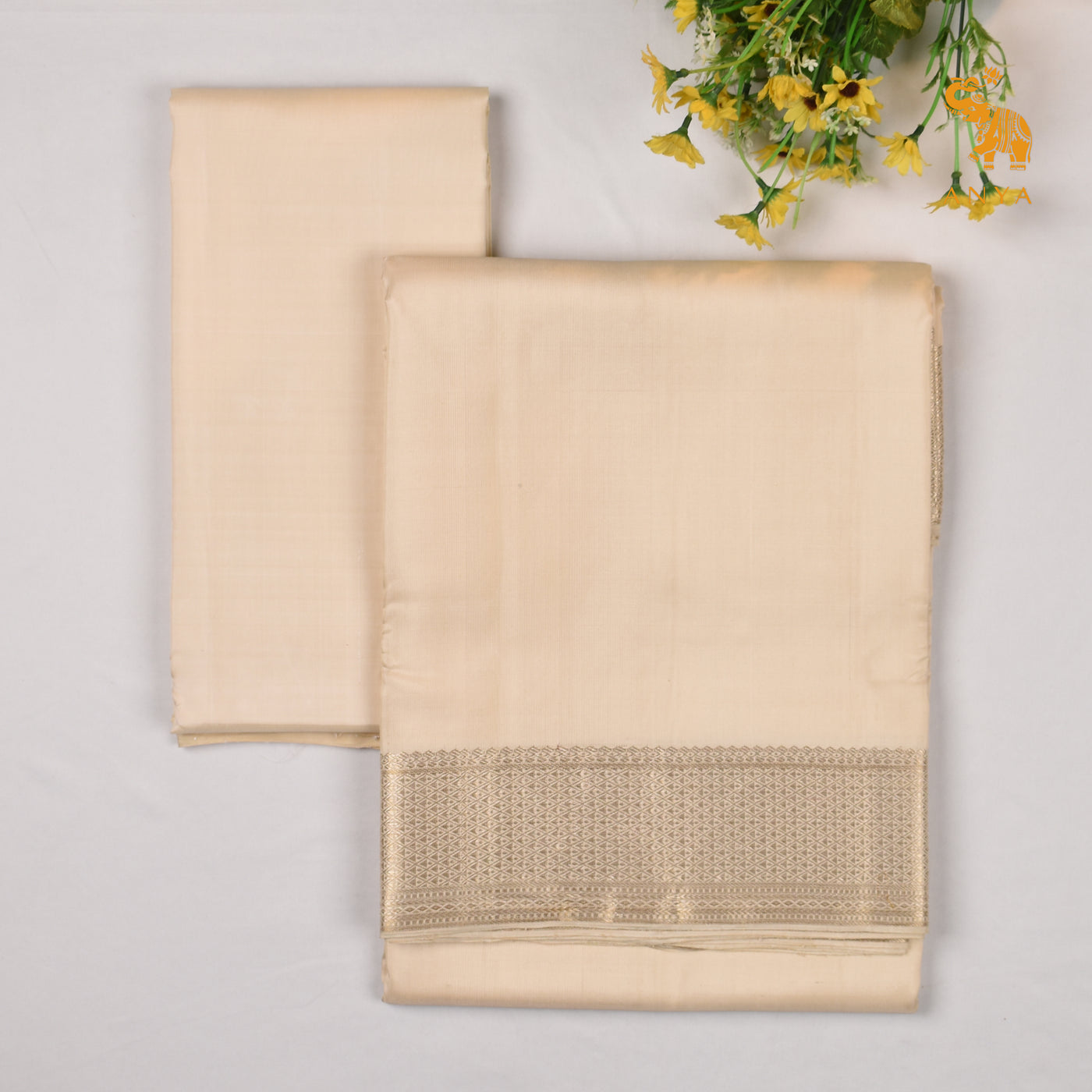 Off White Kanchi Silk Dhoti With Shirt Fabric and Angavastram
