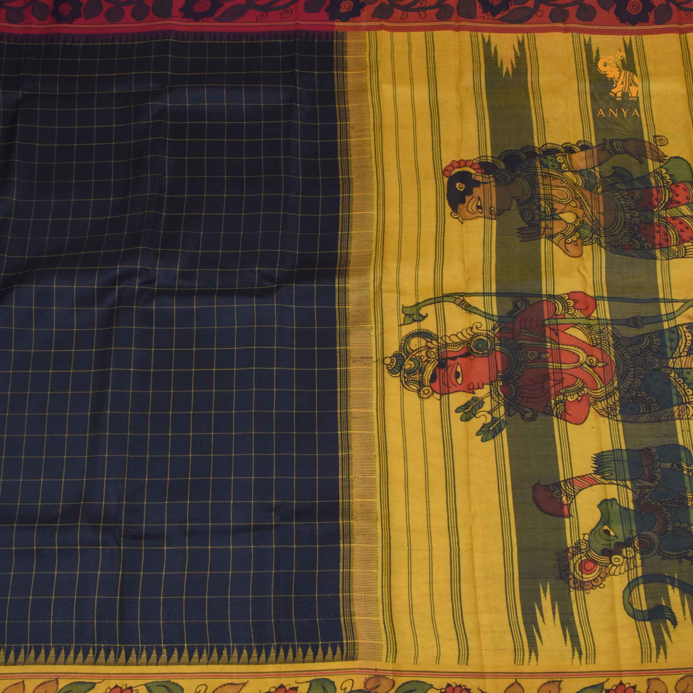 Black Pen Kalamkari Kanchi Silk Saree