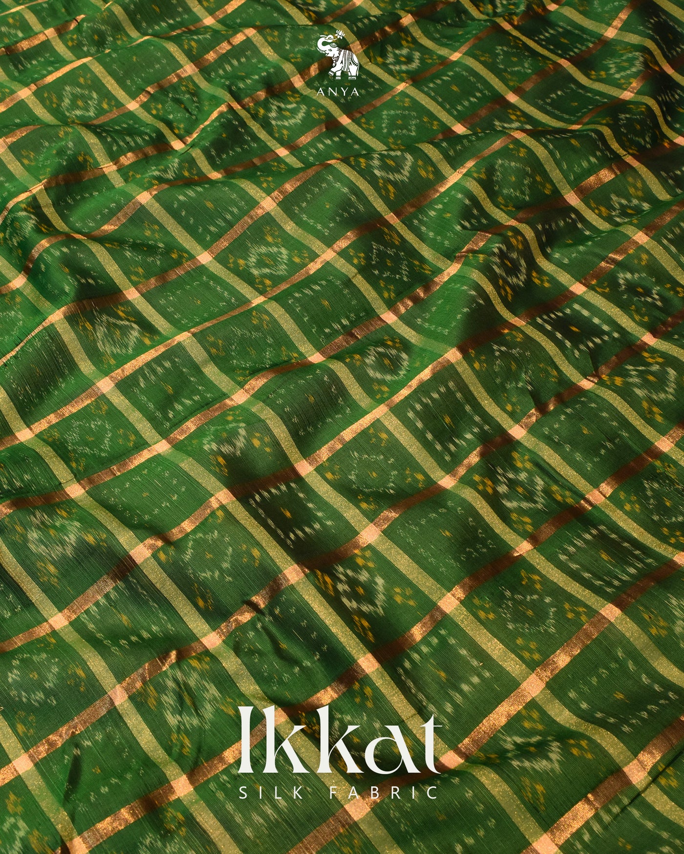 Bottle Green Ikkat Silk Fabric with Checks Design