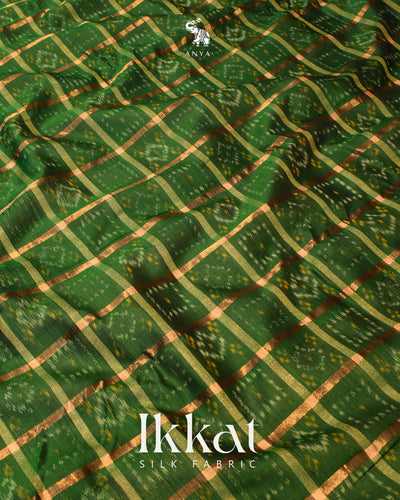 Bottle Green Ikkat Silk Fabric with Checks Design