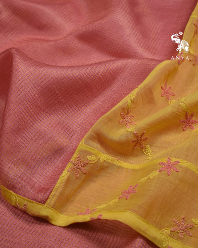 Pink Zari Checks Tussar Silk Saree with Yellow Embroidery Pallu and Blouse