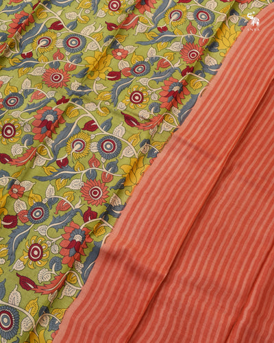 Parrot Green Tussar Silk Saree with Floral Printed Design