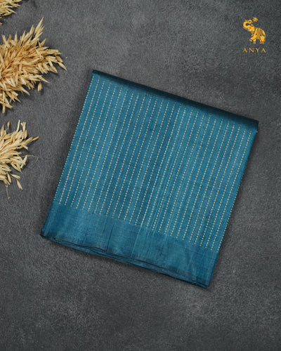 Peacock Blue Tussar Silk Saree with Zari Stripes Design