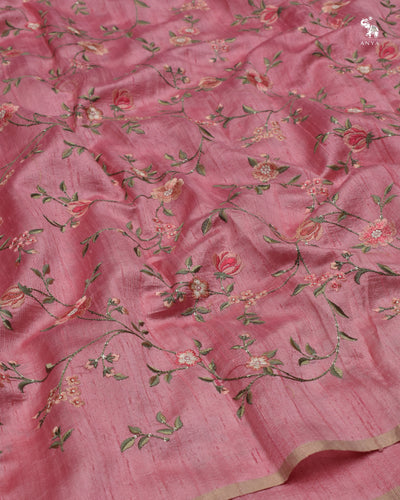 Lotus Pink Tussar Raw Silk Fabric with Floral Creeper Embroidery Design