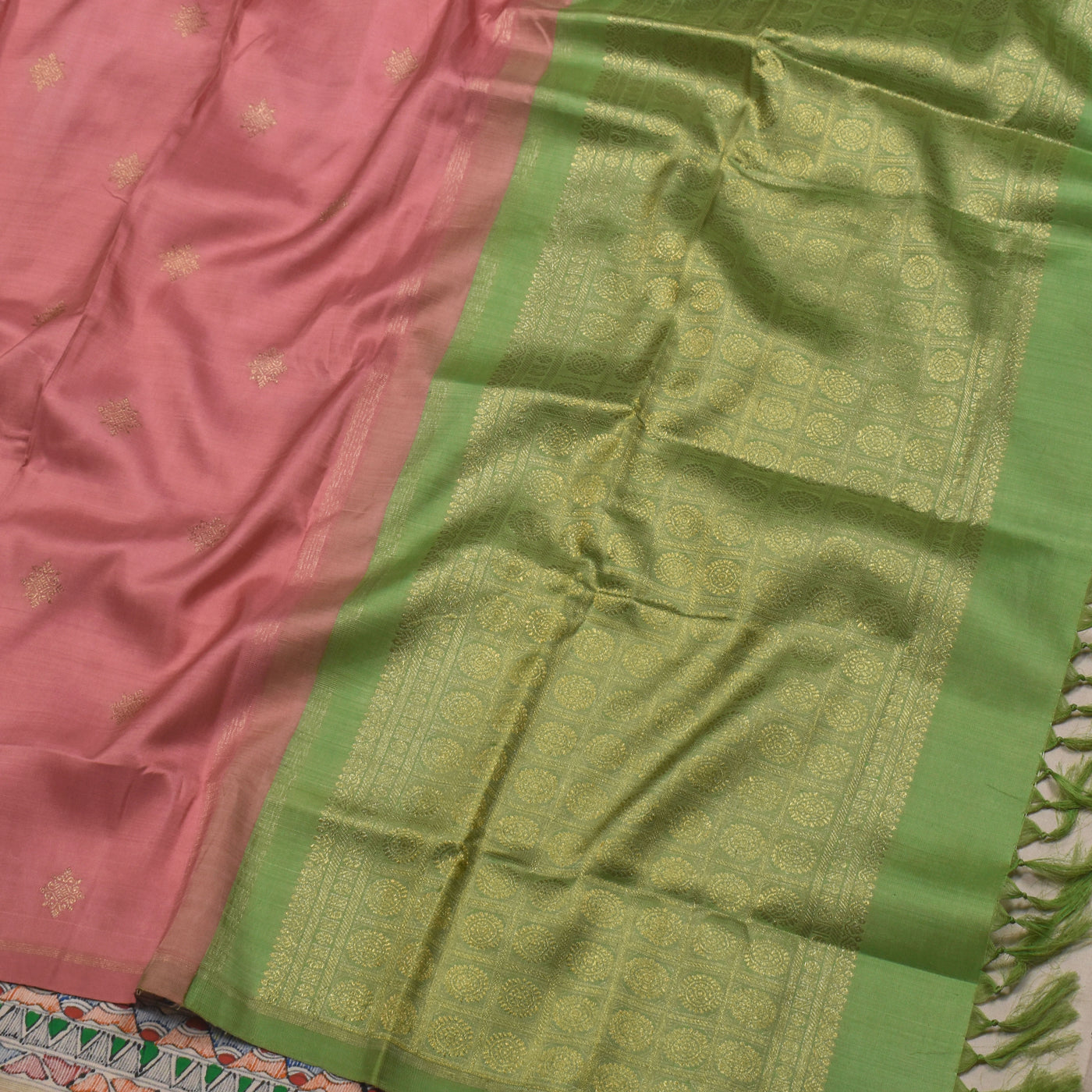 Off White Madhubani Kanchi Silk Saree with Pink and Green Zari Butta Pallu