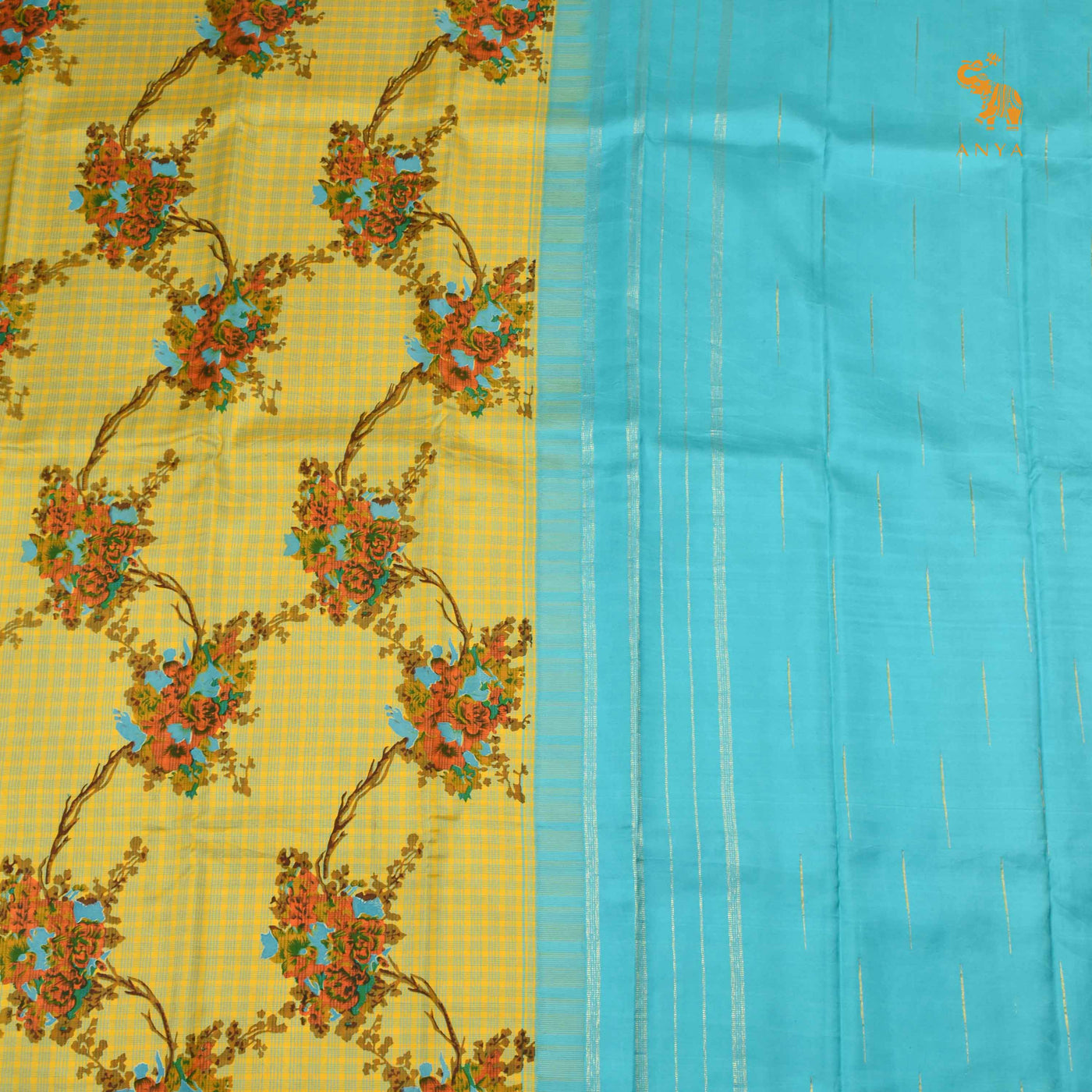 Mustard Printed Kanchi Silk Saree with Checks and Floral Print Design