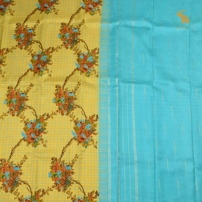 Mustard Printed Kanchi Silk Saree with Checks and Floral Print Design