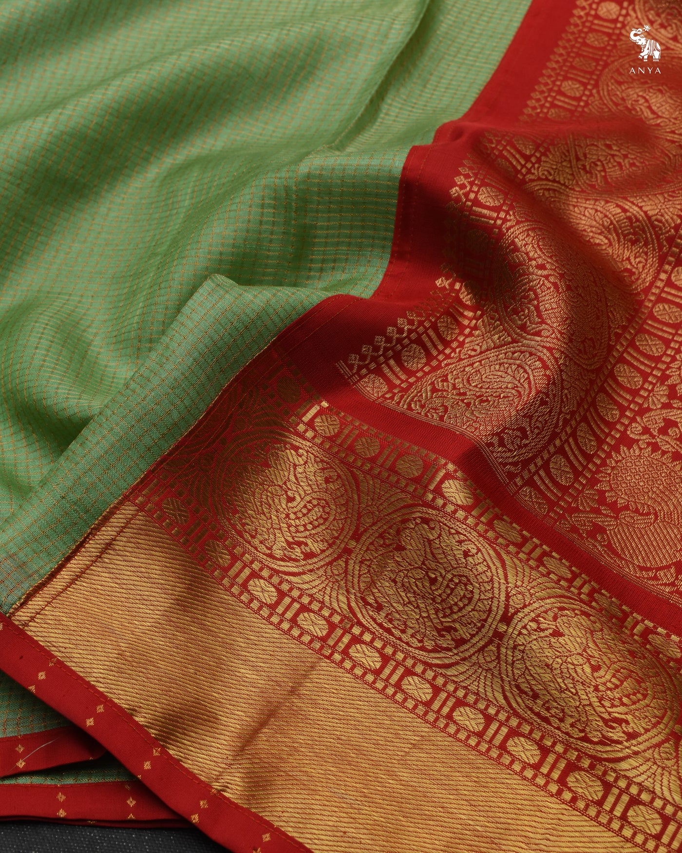 Apple Green Zari Checks Tussar Silk Saree with Arakku Thakkali Kanchi Silk Pallu and Blouse