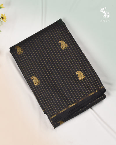 Black Kanchi Silk Fabric with Muthu Seer Lines and Mango Butta Design