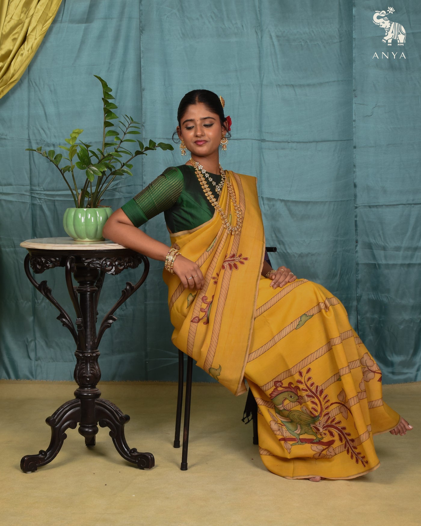 Light Yellow Pen Kalamkari Kanchi Silk Saree