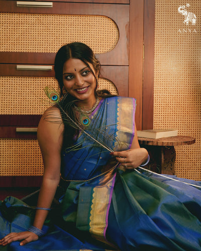 Ink Blue Kanchi Silk Saree with Vairaoosi Lines Butta Design