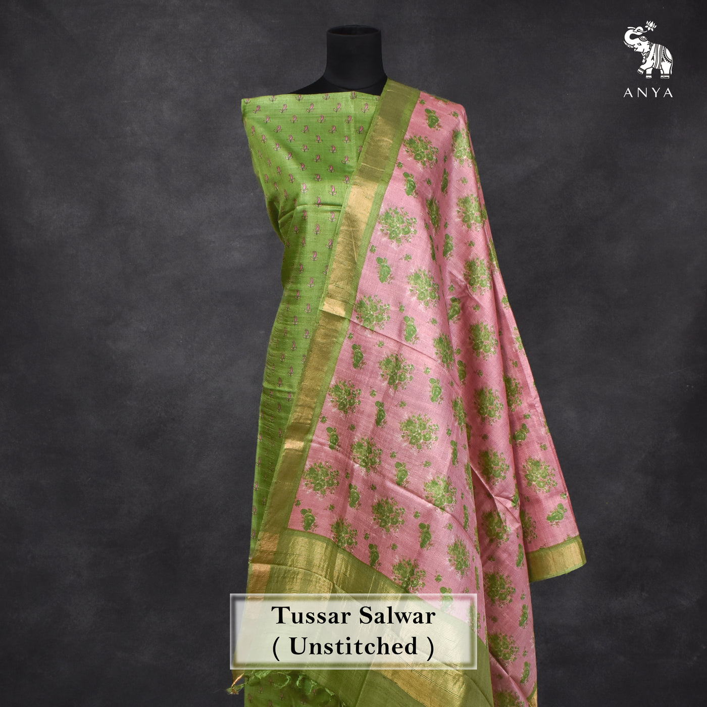 Green Tussar Silk Salwar with Green Floral Print Dupatta